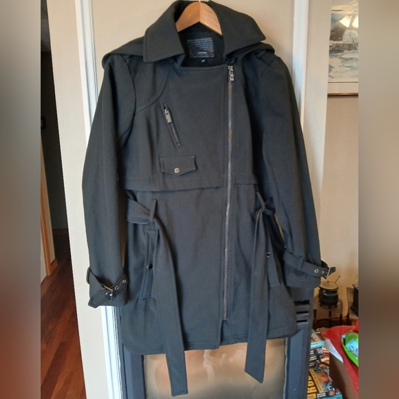 Steve Madden Black Asymmetrical Zip Fleece Lined Hooded Coat Size S/P - Picture 10 of 10